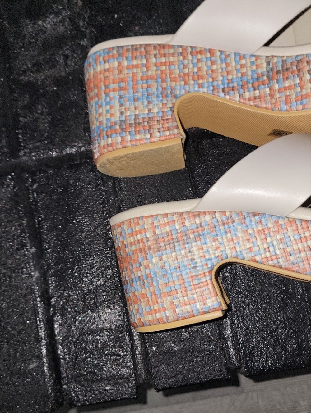 Cream Crisscross Platform Sandals with Multicolor Tweed Heel - Picture 7 of 9